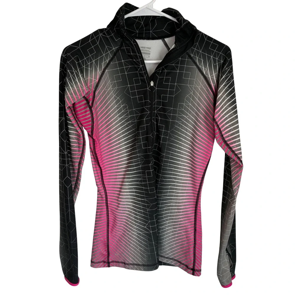 Nike Pro Dri-FIT Womens Long Sleeve 1/4 Zip Training Top Pink Black Geometric S